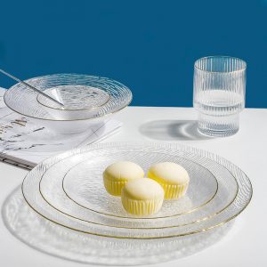 Glass Bowl and Plate Set with Golden Rims and Horizontal Stripes